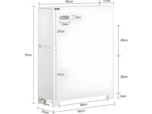 Sobuy Compacte Toiletkast, Smal Badkameropbergmeubel Op Wielen, Toiletrolhouder Met 1 Kanteldeur, 2 Laden En 1 Open Achtercompartiment, Veelzijdige Opbergwagen, 60X20X75 Cm, Bzr111-W