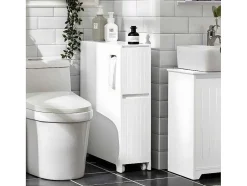 Sobuy Compacte Toiletkast, Smal Badkameropbergmeubel Op Wielen, Toiletrolhouder Met 1 Kanteldeur, 2 Laden En 1 Open Achtercompartiment, Veelzijdige Opbergwagen, 60X20X75 Cm, Bzr111-W