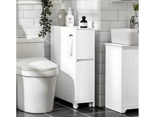 Sobuy Compacte Toiletkast, Smal Badkameropbergmeubel Op Wielen, Toiletrolhouder Met 1 Kanteldeur, 2 Laden En 1 Open Achtercompartiment, Veelzijdige Opbergwagen, 60X20X75 Cm, Bzr111-W