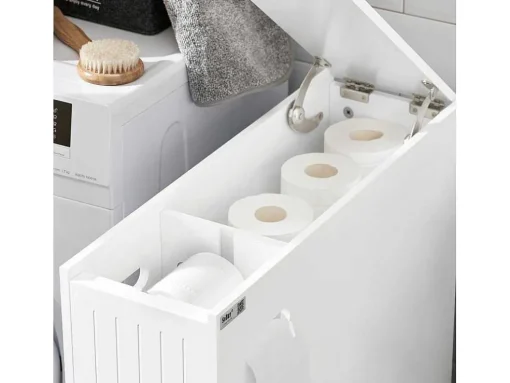 Sobuy Compacte Toiletkast, Smal Badkameropbergmeubel Op Wielen, Toiletrolhouder Met 1 Kanteldeur, 2 Laden En 1 Open Achtercompartiment, Veelzijdige Opbergwagen, 60X20X75 Cm, Bzr111-W