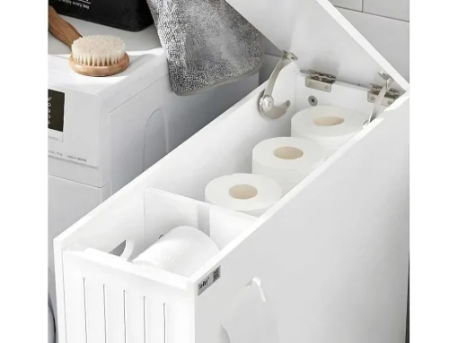 Sobuy Compacte Toiletkast, Smal Badkameropbergmeubel Op Wielen, Toiletrolhouder Met 1 Kanteldeur, 2 Laden En 1 Open Achtercompartiment, Veelzijdige Opbergwagen, 60X20X75 Cm, Bzr111-W