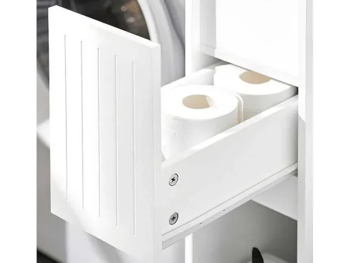 Sobuy Compacte Toiletkast, Smal Badkameropbergmeubel Op Wielen, Toiletrolhouder Met 1 Kanteldeur, 2 Laden En 1 Open Achtercompartiment, Veelzijdige Opbergwagen, 60X20X75 Cm, Bzr111-W