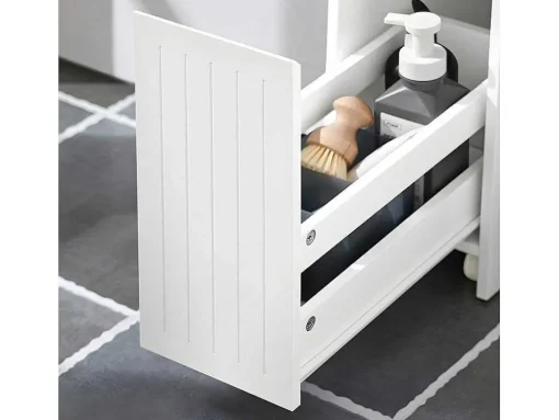 Sobuy Compacte Toiletkast, Smal Badkameropbergmeubel Op Wielen, Toiletrolhouder Met 1 Kanteldeur, 2 Laden En 1 Open Achtercompartiment, Veelzijdige Opbergwagen, 60X20X75 Cm, Bzr111-W