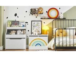 Sobuy Kmb70-W Speelgoedkist Voor Kinderen, Speelgoed Opbergdoos, Opbergkist Met Scharnierend Deksel, Regenboogdesign, Kinderboekenplank