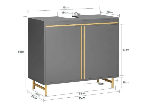 Sobuy Onderbouwkast, Onderbouwkast Met 2 Deuren En 2 Planken, Vrijstaand Badkamermeubel, Badkameropbergkast, Grijs, L75 X D35 X H65 Cm, Bzr129-Hg