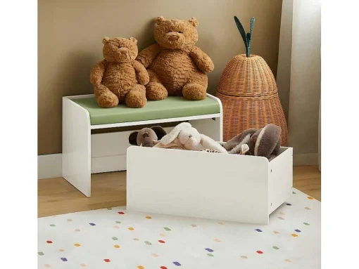 Sobuy Speelgoedkist Voor Kinderen, 2-In-1 Opbergdoos Met 1 Lade Op Wielen En Gevoerde Zitkussen, Wit, 60X34X35 Cm, Kmb80-W