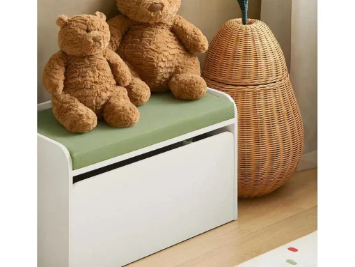 Sobuy Speelgoedkist Voor Kinderen, 2-In-1 Opbergdoos Met 1 Lade Op Wielen En Gevoerde Zitkussen, Wit, 60X34X35 Cm, Kmb80-W
