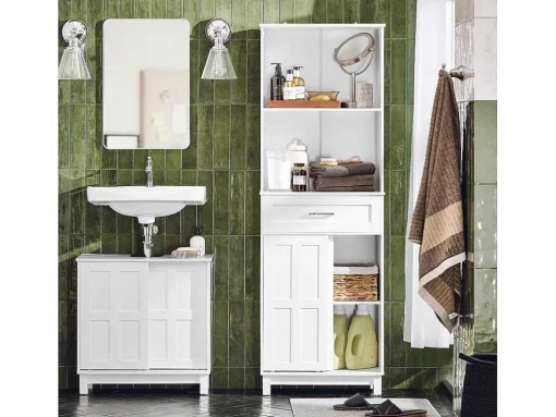 Sobuy Wastafelmeubel Badkamermeubel Wastafelopbergkast Met 2 Schuifdeuren Wit Lph 60 X 30 X 61 Cm Bzr142-W