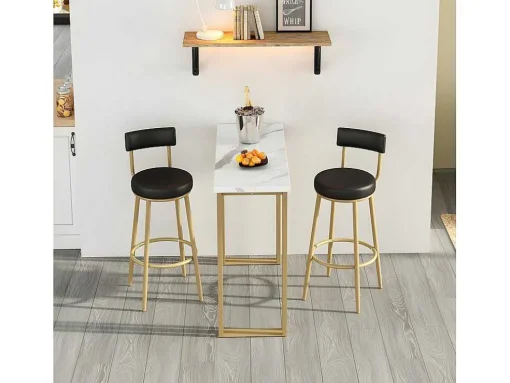 Staande Eettafel - 1 Tafel En 2 Krukken - Rechthoekige Tafel - Zwart & Goud