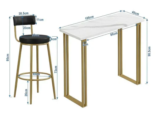 Staande Eettafel - 1 Tafel En 2 Krukken - Rechthoekige Tafel - Zwart & Goud