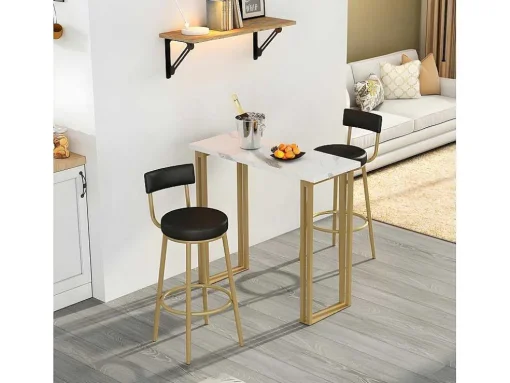 Staande Eettafel - 1 Tafel En 2 Krukken - Rechthoekige Tafel - Zwart & Goud