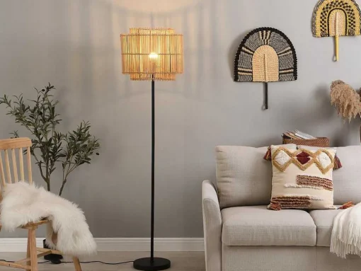 Staande Lamp Etnische Stijl Van Bamboe En Zwart Metaal - D 40 Cm X H 157,5 Cm - Parana