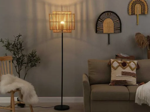 Staande Lamp Etnische Stijl Van Bamboe En Zwart Metaal - D 40 Cm X H 157,5 Cm - Parana