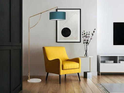 Staande Lamp Met Boog - Art-Decostijl Van Koper En Marmer - Velours - H164 Cm - Blauwgroen - Nour