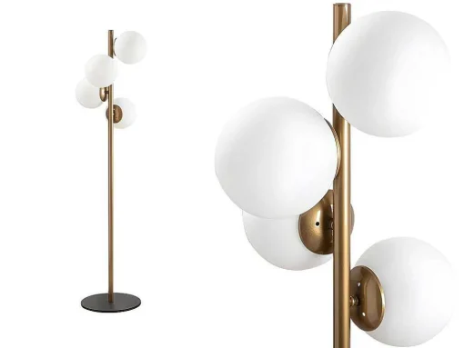 Staande Lamp Van Metaal En Glas 4 Bollen Faze - H130 Cm - Goud En Wit
