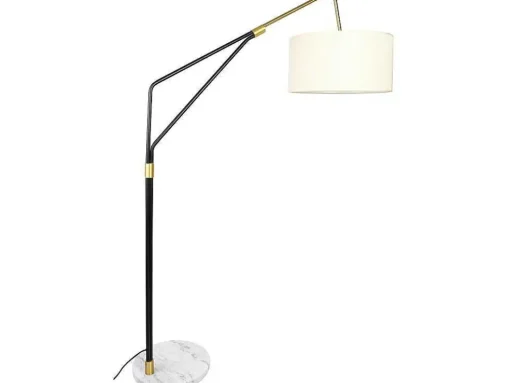 Staande Lamp Van Metaal, Linnen En Marmer - L122 X H180 Cm - Wit, Zwart En Goudkleurig - Masdar