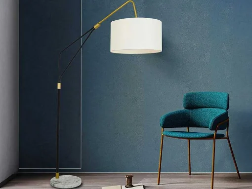 Staande Lamp Van Metaal, Linnen En Marmer - L122 X H180 Cm - Wit, Zwart En Goudkleurig - Masdar