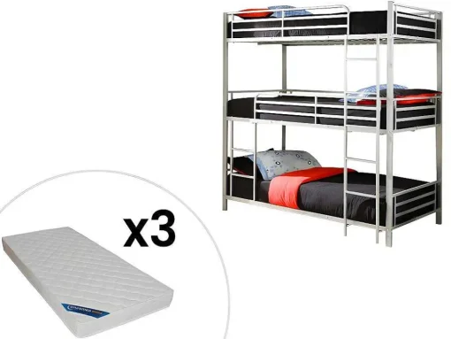 Stapelbed - 3 X 90 X 190 Cm - Metaal - Zilverkleur - Met Matras - Elouan