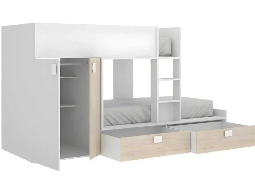Stapelbed Juanito - Ingebouwde Kast - 2X90X190Cm - Wit En Eiken