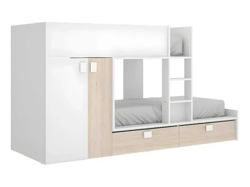 Stapelbed Juanito - Ingebouwde Kast - 2X90X190Cm - Wit En Eiken