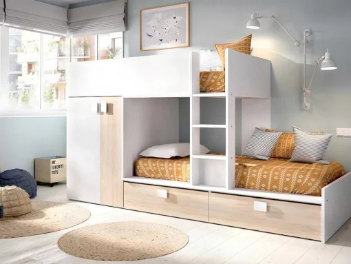 Stapelbed Juanito - Ingebouwde Kast - 2X90X190Cm - Wit En Eiken