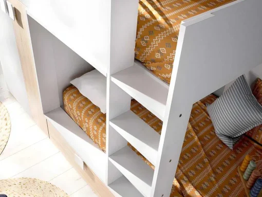 Stapelbed Juanito - Ingebouwde Kast - 2X90X190Cm - Wit En Eiken