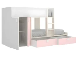 Stapelbed Juanito Met Ingebouwde Kast En Opbergruimte - 2X90X190Cm - Wit, Eiken En Roze