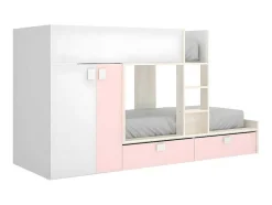 Stapelbed Juanito Met Ingebouwde Kast En Opbergruimte - 2X90X190Cm - Wit, Eiken En Roze