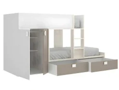 Stapelbed Juanito Met Ingebouwde Kast En Opbergruimte - 2X90X190Cm - Wit, Eiken En Taupe