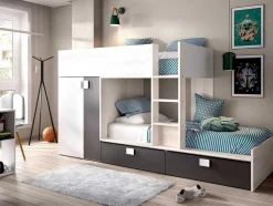 Stapelbed Juanito Met Ingebouwde Kast - 2 X 90 X 190 Cm - Wit, Eiken En Antraciet