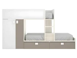 Stapelbed Met Ingebouwde Kast En Opbergruimte 2X90X190Cm - Wit, Eiken En Taupe + Matras - Juanito