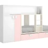 Stapelbed Met Ingebouwde Kast En Opbergruimte 2X90X190Cm - Wit, Eiken En Roze + Matras -Juanito