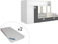 Stapelbed Met Ingebouwde Kast 2 X 90 X 190 Cm - Wit, Eiken En Antraciet + Matras - Juanito