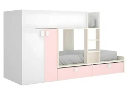 Stapelbed Met Ingebouwde Kast En Opbergruimte 2X90X190Cm - Wit, Eiken En Roze + Matras -Juanito