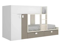 Stapelbed Met Ingebouwde Kast En Opbergruimte 2X90X190Cm - Wit, Eiken En Taupe + Matras - Juanito