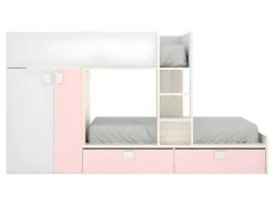 Stapelbed Met Ingebouwde Kast En Opbergruimte 2X90X190Cm - Wit, Eiken En Roze + Matras -Juanito