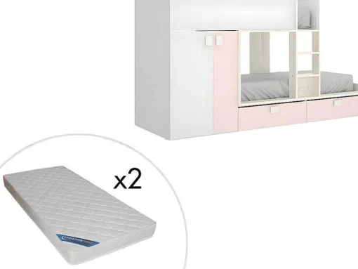Stapelbed Met Ingebouwde Kast En Opbergruimte 2X90X190Cm - Wit, Eiken En Roze + Matras -Juanito