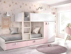 Stapelbed Met Ingebouwde Kast En Opbergruimte 2X90X190Cm - Wit, Eiken En Roze + Matras -Juanito