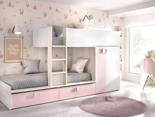 Stapelbed Met Ingebouwde Kast En Opbergruimte 2X90X190Cm - Wit, Eiken En Roze + Matras -Juanito