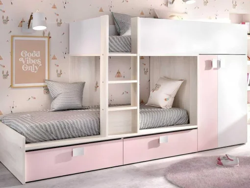 Stapelbed Met Ingebouwde Kast En Opbergruimte 2X90X190Cm - Wit, Eiken En Roze + Matras -Juanito