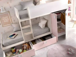 Stapelbed Met Ingebouwde Kast En Opbergruimte 2X90X190Cm - Wit, Eiken En Roze + Matras -Juanito