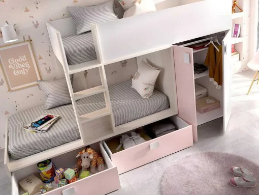 Stapelbed Met Ingebouwde Kast En Opbergruimte 2X90X190Cm - Wit, Eiken En Roze + Matras -Juanito