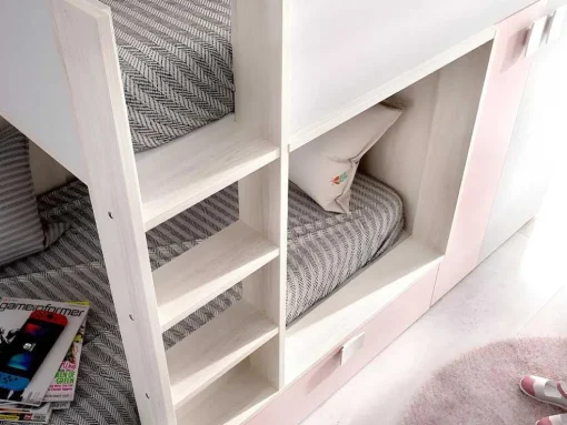 Stapelbed Met Ingebouwde Kast En Opbergruimte 2X90X190Cm - Wit, Eiken En Roze + Matras -Juanito