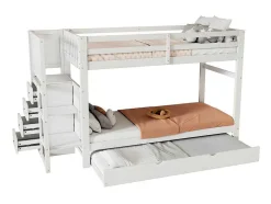 Stapelbed Met Onderschuifbed - Massief Grenenhout - 3X90X200 Cm - Opbergtrap Met 4 Lades - Veiligheidsbarrieres - Wit