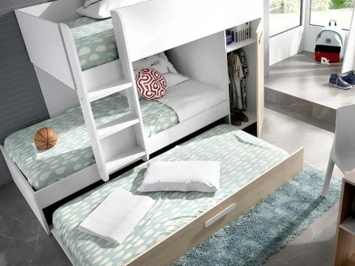 Stapelbed Met Onderschuifbed En Opbergruimte 3X90X190Cm - Wit En Naturel - Anthony