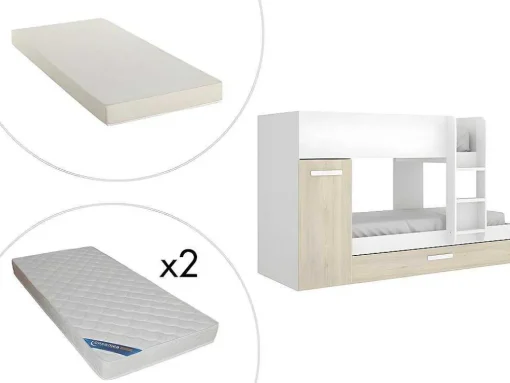 Stapelbed Met Onderschuifbed Anthony Met Opbergruimte 3X90X190Cm - Kleuren: Wit En Eik + Matras