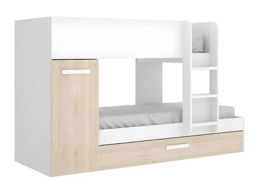 Stapelbed Met Onderschuifbed En Opbergruimte 3X90X190Cm - Wit En Naturel - Anthony