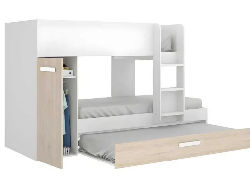 Stapelbed Met Onderschuifbed En Opbergruimte 3X90X190Cm - Wit En Naturel - Anthony