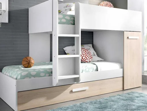 Stapelbed Met Onderschuifbed Anthony Met Opbergruimte 3X90X190Cm - Kleuren: Wit En Eik + Matras