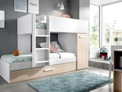 Stapelbed Met Onderschuifbed En Opbergruimte 3X90X190Cm - Wit En Naturel - Anthony